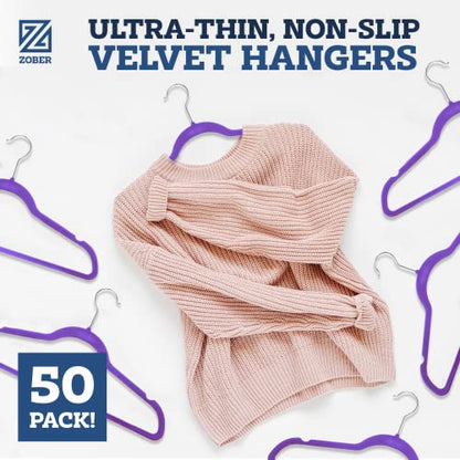 Zober Purple Velvet Hangers 50 Pack, Slim Non Slip Clothes Hangers - color: Purple, size: 50 Pack