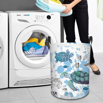 Sea Turtles Laundry Basket, 43L Collapsible Laundry Hamper Basket - color: blue sea turtles