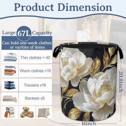 White Flowers Laundry Hamper With Handle,Foldable Oxford Cloth Glitter Blooming Laundry Basket,20.8"x16" Clothes Storage Basket for Laundry Room/Bedroom/Bathroom - color: White Flowers Glitter Blooming