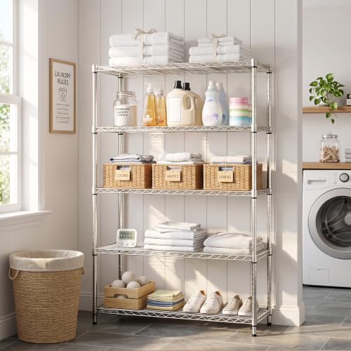 IZEUK 5-Tier Garage Shelving Unit, Heavy Duty Metal Wire Shelving - color: Chrome, size: 5 Tier, 15.7" D*45.3" W*70.4" H