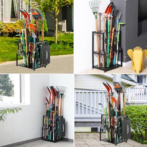 YueTong Garden Tool Organizer Heavy Duty,Yard Tool Tower Rack,Garage Storage Organization for Long Handle Tools,Rake,Brooms,Extra Hooks for Small Shovel,Shear.All Metal,Free Standing. - style: Classic