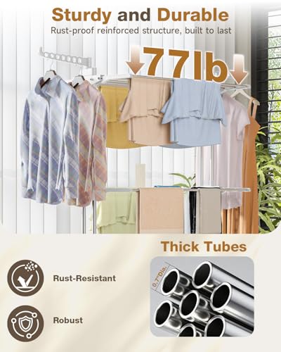 Bigzzia Clothes Drying Rack Folding with Wheels Drying Rack Clothing Clothes Horses Rack Stainless Steel Laundry Drying Rack with Two Side Wings 4 Tier Grey White - color: Grey White