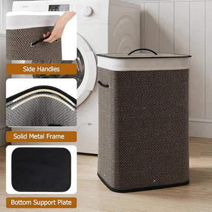 Giantex Bamboo Laundry Hamper with Lid, Removable Liner & Portable Handles - color: Dark Taupe