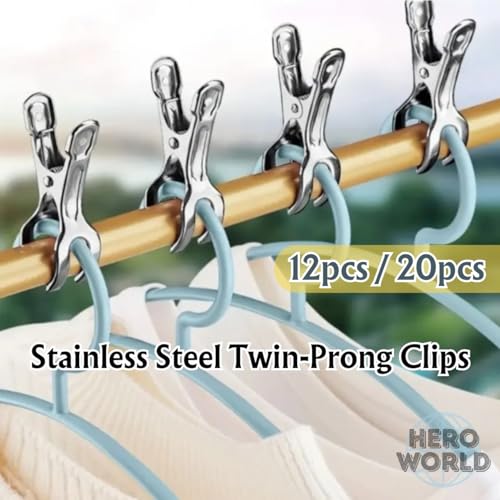 Stainless Steel Windproof Laundry Clips – Heavy-Duty Clothes Pins Rust-Resistant Twin-Prong Towel & Bath Towel Clips (12, 4.3") - size: 4.3"