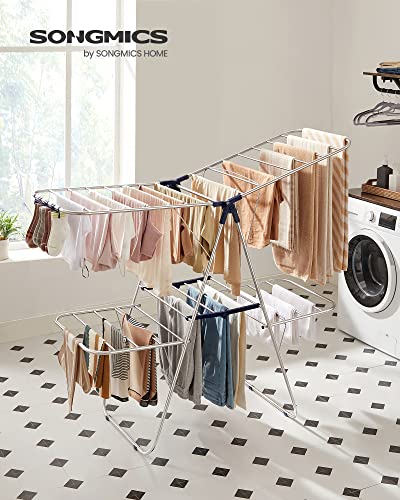 SONGMICS Clothes Drying Rack, Foldable 2-Level Stee Laundry Drying Rack - color: Silver + Blue, size: 2 Tiers（22"d x 61.8"w x 64.3''h )