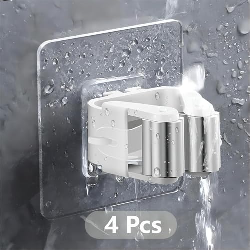 4Pcs Broom Holder Mop Hanger Wall Mount Hook Plastic Easy Install No-Drill Strong Adhesive Organizer - color: White, size: 4 Pcs
