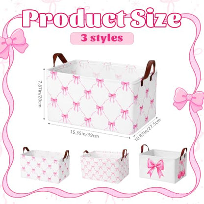 3 Pcs Pink Bow Storage Baskets for Gifts Empty Large, Coquette Room Decor, Toys Books Laundry Basket for Girls, Collapsible Canvas Fabric Pink Storage Bins With Handle for Bedroom Bathroom Nursery