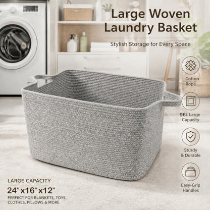 96L Woven Laundry Basket with Handles, Extra Blanket Basket, Grey - color: Grey, size: 96L
