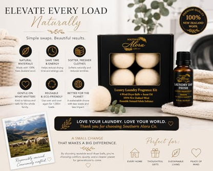 Luxury Wool Dryer Ball Kit, Laundry Day - 4 New Zealand Wool Balls + Oil - color: Laundry Day Fresh