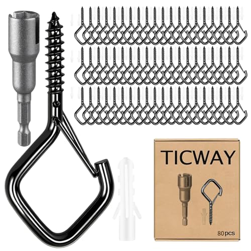 80 Pcs Outdoor Hooks for String Lights,Screw Hooks for Hanging Plants,Ceiling Hooks with Safety Buckle,Square Hanger for Wind Chimes,Bird Feeder,Lanterns,Christmas Decorations Black - color: Black, size: 80