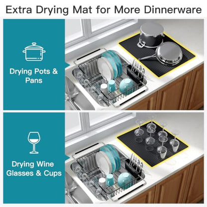 JASIWAY Black Dish Drying Rack in Sink with Mat, Cups and Utensil Holder - color: Black, size: For 12"-30"w Sink, with Mat