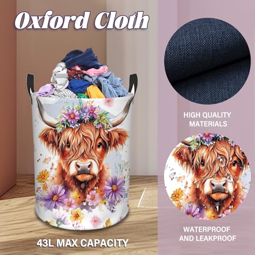 Highland Cow Laundry Basket, 43L 13.8x17.7in Round Oxford Laundry Hamper - color: Flower Highland Cattle
