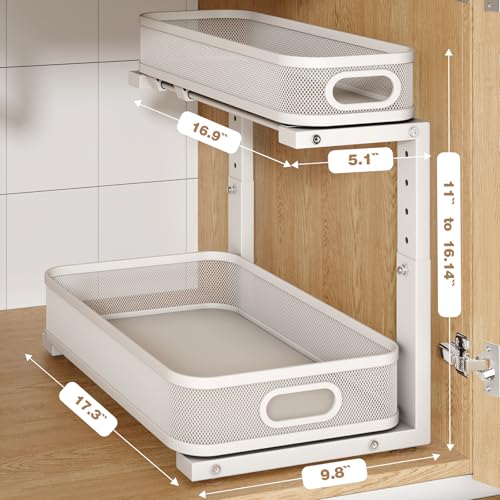 2 Pack 17.3IN-Depth Under Sink Organizer with Smooth Cylindrical Rail,2-Tier Pull Out Multi-Purpose Cabinet Storage for Bathroom&Kitchen,Height Adjustable,Rust-Resistant Coating-Gun Gray - color: Gun Gray, size: 2 Pack-17.3"Dx11"-16.14"H