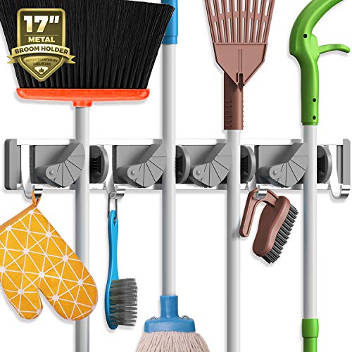Holikme Mop Broom Holder Wall Mount Metal Pantry Organization and Storage Garden Kitchen Tool Organizer Wall Hanger for Home Goods (4 Positions with 4 Hooks, Silver) - color: Silver