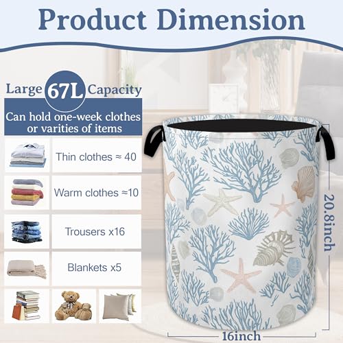 Starfish Coral Shells Laundry Hamper With Handle,Foldable Oxford Cloth Ocean Laundry Basket,20.8"x16" Clothes Storage Basket for Laundry Room/Bedroom/Bathroom - color: Starfish Coral Shells Ocean
