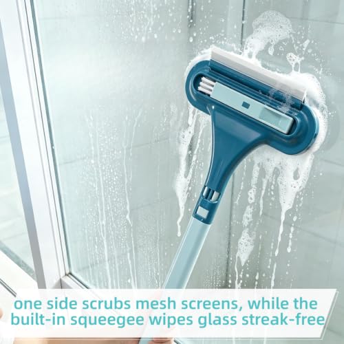 3-in-1 Window Screen Cleaning Brush with Squeegee, Mesh Screen Cleaner Tool with Detachable Handle, Dual-Purpose Wet & Dry Scrubber for Window, Patio, Door Screens (2 Pack – Lime Green + Blue)