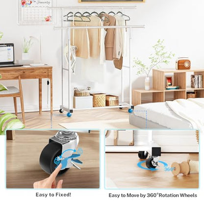 VICERII Double Clothing Rack, 55.51 Inch Garment Rack with Wheels and Bottom Shelf, 130LB Capacity Heavy Duty Rolling Clothes Racks for Hanging Clothes, Coats, Shirts, Sweaters, Skirts, White - color: White, size: Double