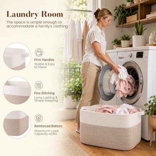 65L Large Woven Blanket Basket for Living Room, 19.7"x15.7"x11.8" - color: Brown & White, size: 19.7"x15.7"x11.8"