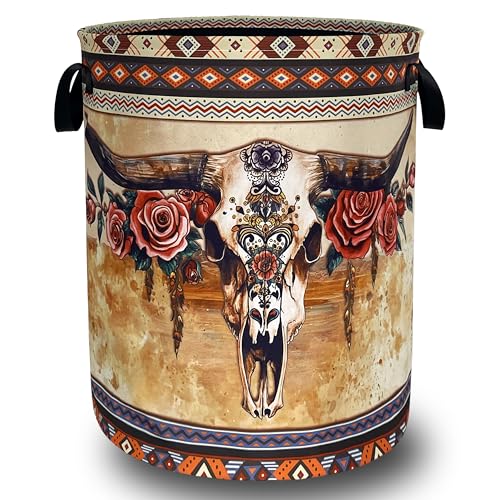 Longhorn Cattle Laundry Basket Oxford Cloth Foldable Hamper 18.9x16.5 Inch - color: Boho Longhorn Cattle Skull Tribal