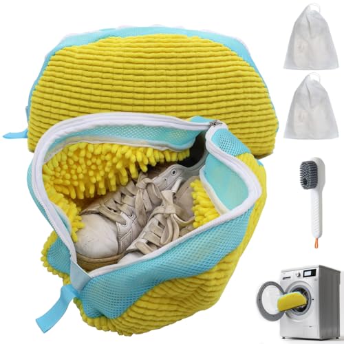 Shoe Washing Machine Bag,Blue and white stripes Mesh Shoe Washing Bag for Washing Machine - Large Size Fits various Shoes, Chenille Fabric Protection, Zipper Laundry Bag for Sneakers (2 Pcs) (Yellow) - color: Yellow