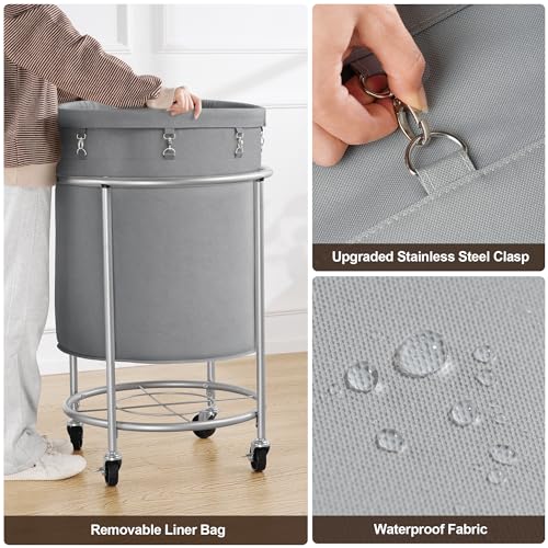ELYKEN Laundry Basket with Wheels, Round Rolling Laundry Hamper, Gray - color: Gray, size: 170L