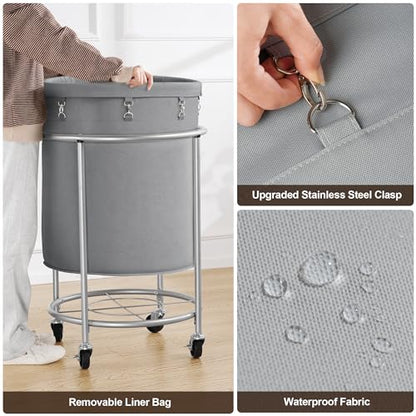 ELYKEN Laundry Basket with Wheels, Round Rolling Laundry Hamper, Gray - color: Gray, size: 170L