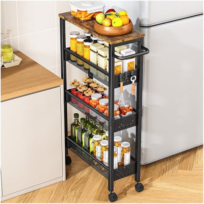 Vivihomety 4-Tier Slim Utility Rolling Laundry Cart with Wheels, Metal - color: Black, size: 7.1 inch wide