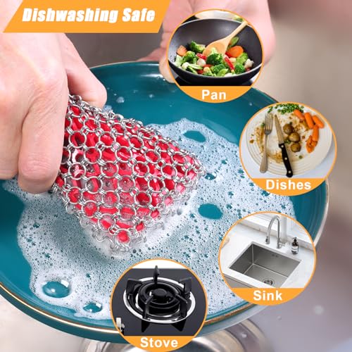 TEZZ Cast Iron Scrubber, Skillet Chainmail Scrubber for Cast Iron Pan - Chain Mail Scrubber Cast Iron Sponge - Metal Scrubber Cast Iron Skillet Cleaner, Wok, Frying Pans, Dutch Oven Cleaning Scrubber