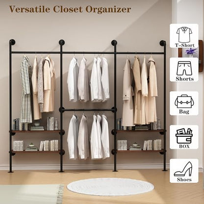 HOMEKAYT Industrial Pipe Clothes Rack, Wall Mounted Clothing Rack with Shelves, Heavy Duty Multi-Purpose Storage Clothes Hanging Shelf - 94.5''L Black - color: black, size: 94.5''L-C