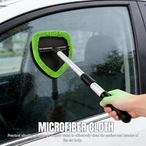 Windshield Cleaner Tool, Windshield Cleaning Tool, Car Window Detailing Cleaning Kit with Extendable Handle and Reusable Microfiber Pads, Auto Glass Wiper Brush for Car Office Home (Green) - color: Green-1