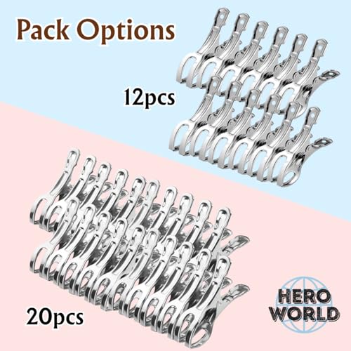 Stainless Steel Windproof Laundry Clips – Heavy-Duty Clothes Pins Rust-Resistant Twin-Prong Towel & Bath Towel Clips (20, 3.5") - size: 3.5"