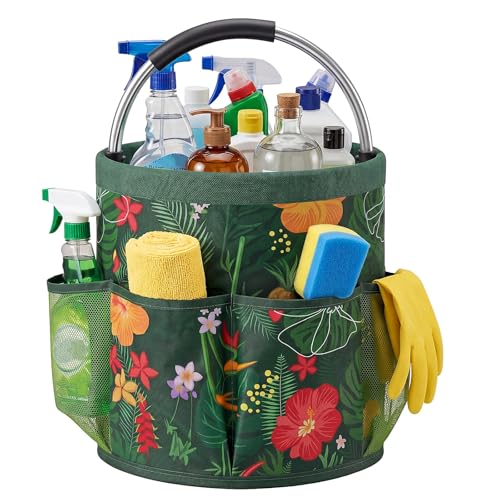 Bucket Tool Organizer, 6 Pockets Garden Bucket Caddy Foldable Buckets Caddy Organizer Fit 3.5 to 5 Gallon Buckets, Portable Gardening Tool Bag with Handle for Cleaning Home Garden(Green Leaves) - style: Green Leaves