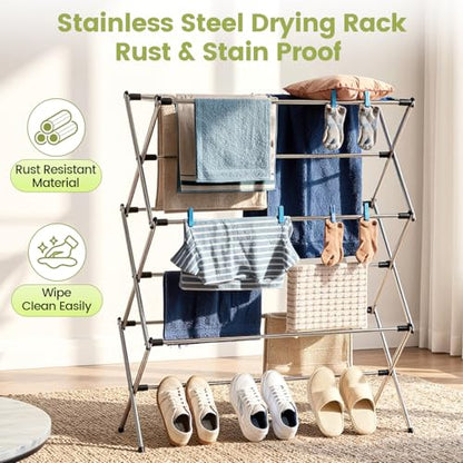 APEXCHASER Stainless Steel Clothes Drying Rack, 45.28" H × 14.57" D - color: Silver, size: Large