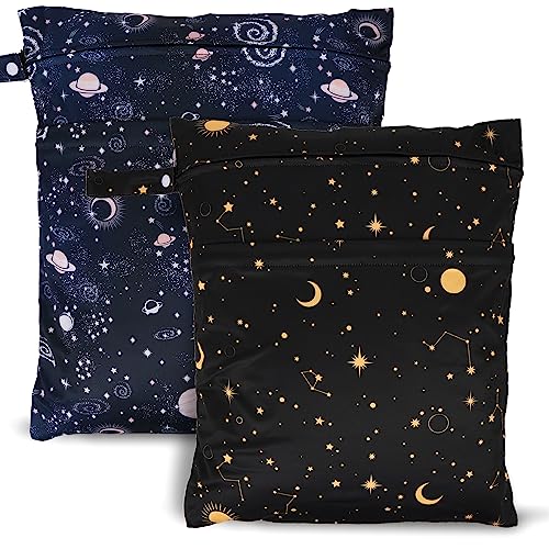 2pcs Travel Waterproof Laundry Bag, Cloth Diaper Wet Dry Bags with Handle & 2 Zipper Pockets, Reusable Washable Dirty Clothes Bag for Baby Adult Travelling Hanging, Bathing Beach Pool Daycare - color: Galaxy