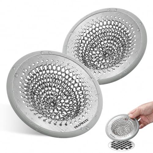 TRAPMATE Shower Drain Cover, 2PCS Prevent Clogging Shower Drain Hair Catcher, Non-Slip Stainless Steel Drain Protector, Patented Bathroom Accessory for US Standard Flat Drains of Bathroom - color: Gray Silver