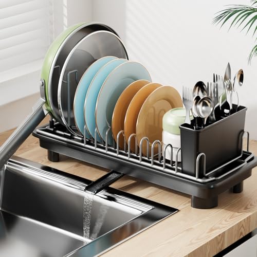 Laveshop Small Dish Drying Rack, Compact Dish Drainer for Kitchen Counter, with Adjustable Back Slots, Space-Saving for Small Kitchens, Black - color: Black