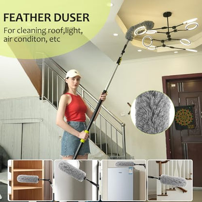 【Upgrade Anti Rotation 】 20FT High Reach Duster Kit,Lightweight Aluminum Alloy Extension Rod,5-Piece Set,210° Steering Head Clean Various Angle,for Cleaning Ceiling,High Wall - size: 12FT
