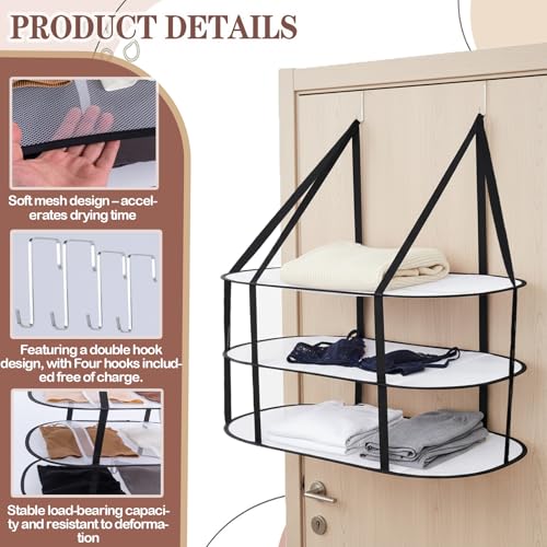 3-Tier Sweater Drying Rack Over The Door, Foldable Mesh Hanging Dryer Flat with Hooks, Large Breathable Laundry Drying Hanger, Clothes Lay Flat Dryer for Apartments Dorms Bathrooms