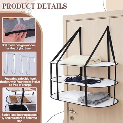 3-Tier Sweater Drying Rack Over The Door, Foldable Mesh Hanging Dryer Flat with Hooks, Large Breathable Laundry Drying Hanger, Clothes Lay Flat Dryer for Apartments Dorms Bathrooms