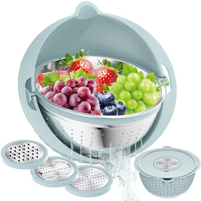 4 in 1 Colander with Mixing Bowl Set, Colander for Kitchen, Strainers and Colanders, Pasta Strainer, Fruit Cleaner, Veggie Wash, Aesthetic Kitchen Essentials - Blue - color: Blue