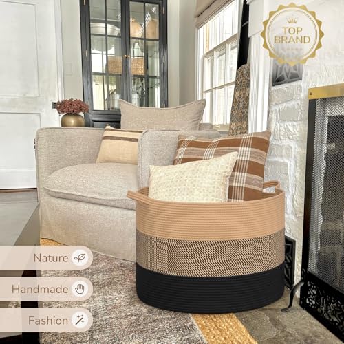 INDRESSME 115L Extra Large Woven Rope Blanket Basket Living Room - color: Camel Mix & Black, size: 23.6"D x 15.7"H