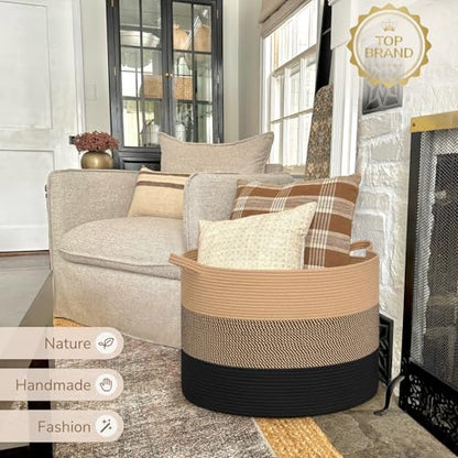 INDRESSME 115L Extra Large Woven Rope Blanket Basket Living Room - color: Camel Mix & Black, size: 23.6"D x 15.7"H
