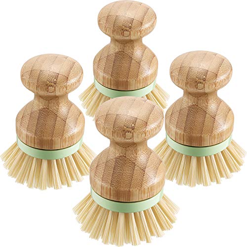 4 Pieces Bamboo Dish Scrub Brush with Holders Wooden Bamboo Round Scrubbers Stiff Bristles Pot Brushes for Wash Dishes, Pots, Pans, Kitchen Iron Pot Pan Sink(Classic Style,Green)