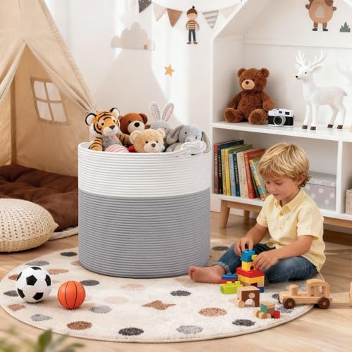 Goodpick Large Woven Rope Toy Storage Basket for Living Room, 60L, Grey - color: Grey, size: 17 x 16 inches