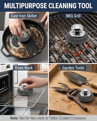 8 Pcs Steel Wool Scrubbers with 2 Pcs Handle,Stainless Steel Scouring Pads for Cast Iron Skillets, Grill & Kitchen Pots - Rust Resistant, Non-Splintering Heavy Duty for Tough Grease - color: 6 Pcs - 1