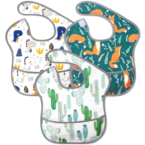 Accmor Baby Bibs for Eating, Waterproof Mess Proof Baby Toddler Bibs, Apron Smock Feeding Bibs for Girls Boys - color: 3pcs-dinosaurs, Foxes, Cacti