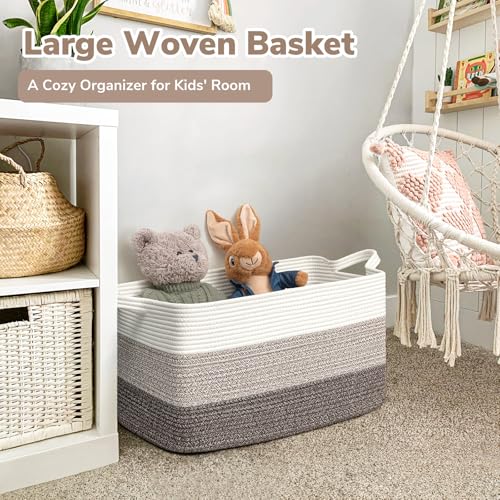 Goodpick Large Woven Rope Blanket Basket, Rectangle, White Brown - color: White Brown, size: Large(21.6"L x 14.9"W x 11.8"H)