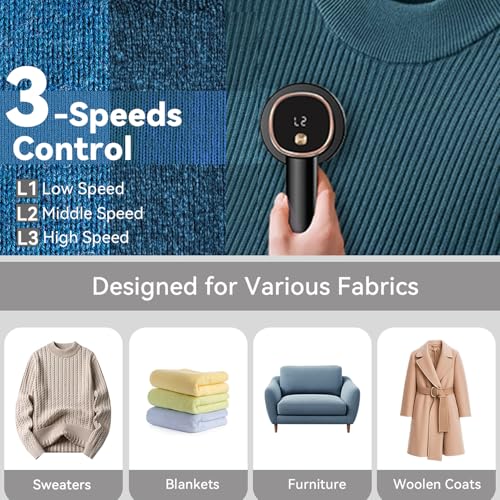 Rechargeable Fabric Shaver, 6-Leaf Blades, LED Display, 3 Speeds - color: Black