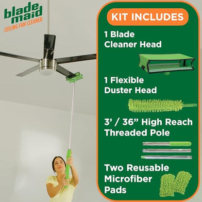 Blade Maid Ceiling Fan Blade Cleaner & Duster | Extendable Pole for High Ceilings, Moldings, Blinds, Walls & Cars, Corner Cleaning Tool, with Reusable Microfiber Pads | Size 3 feet (Pack of 1) - size: Blade Maid + Feather Duster