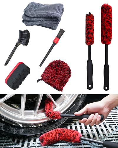 oesee Professional 4 Pack Long Handle Wheel Brush Kit for Cleaning Wheel and Tire- 2X Soft Wheel Cleaning Brush, Detailing Brush and Stiff Tire Brush, Bendable& Durable Wheel Rim Cleaner Brush Set - size: 7 Pack (Red & Black)